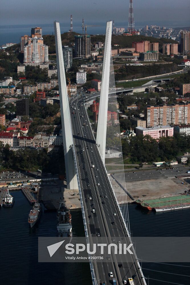 Vladivostok and Zolotoi Rog Bay as seen from pylon of cable-stayed bridge
