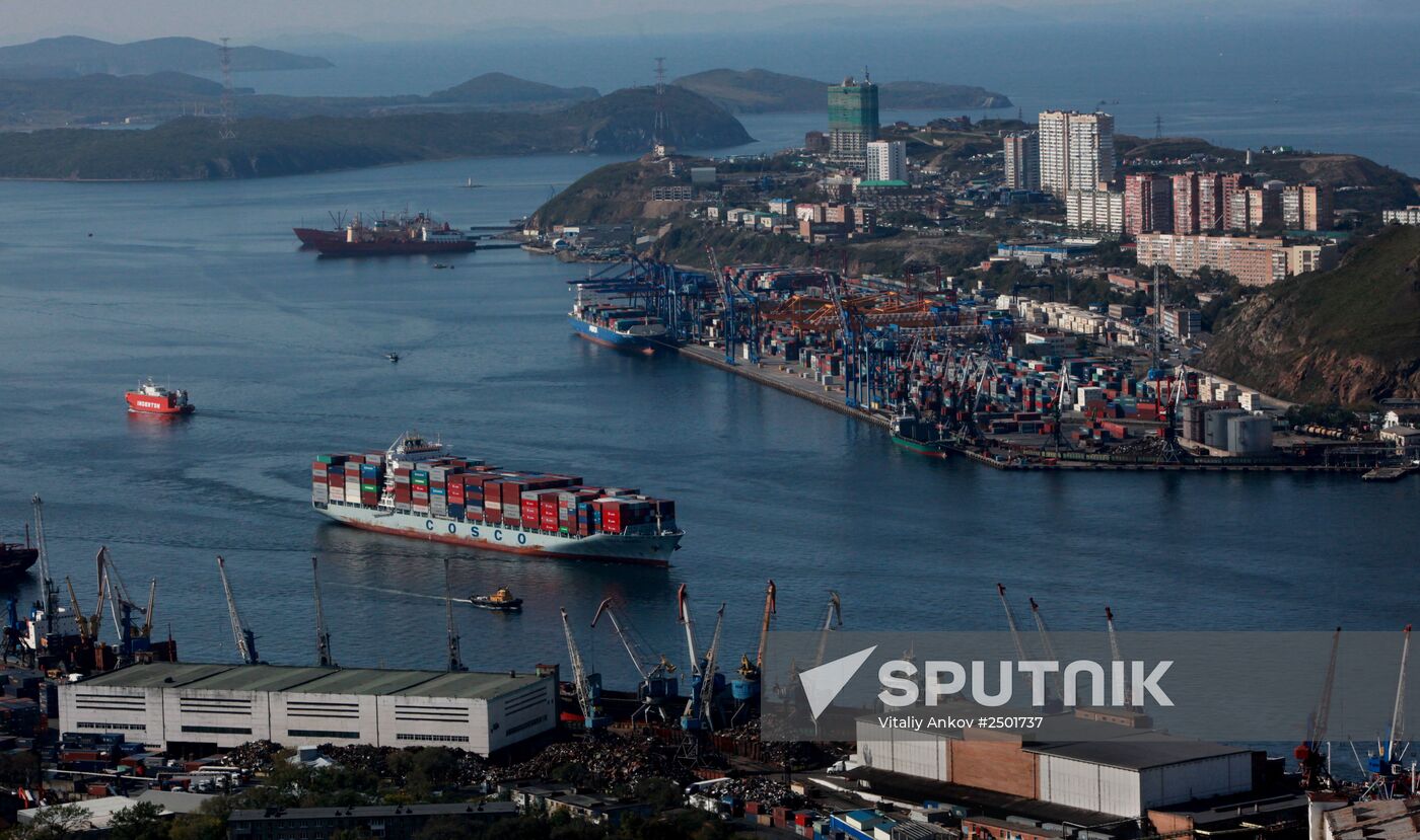 Vladivostok and Zolotoi Rog Bay as seen from pylon of cable-stayed bridge