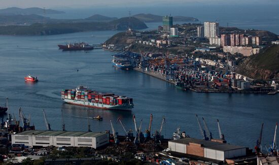 Vladivostok and Zolotoi Rog Bay as seen from pylon of cable-stayed bridge