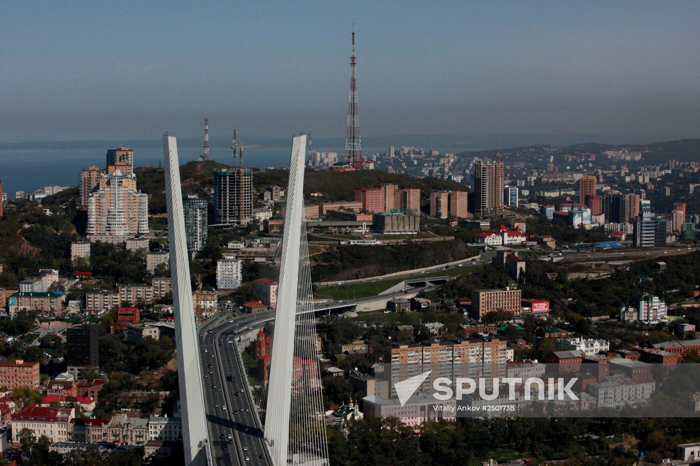Vladivostok and Zolotoi Rog Bay as seen from pylon of cable-stayed bridge