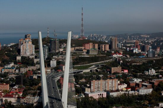 Vladivostok and Zolotoi Rog Bay as seen from pylon of cable-stayed bridge