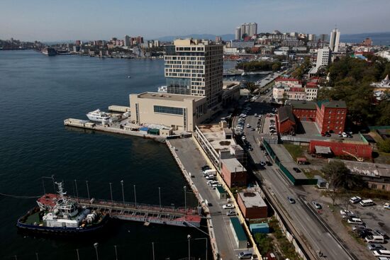 Vladivostok and Zolotoi Rog Bay as seen from pylon of cable-stayed bridge