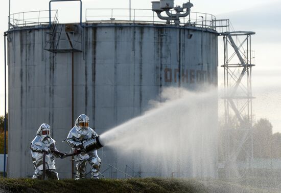 Firefighting drill at a petroleum storage facility in Kazan