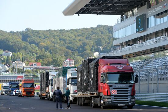 Unloading equipment at Sochi Autodrom race track