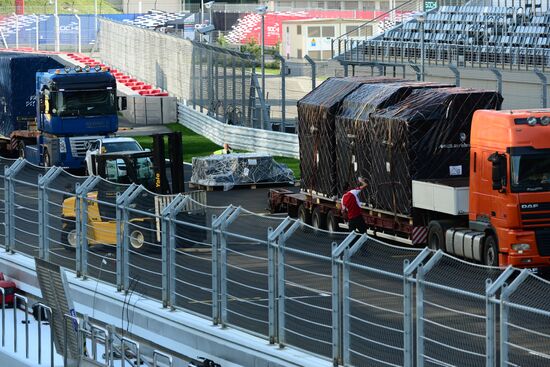 Unloading equipment at Sochi Autodrom race track