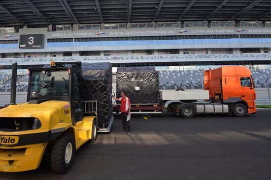 Unloading equipment at Sochi Autodrom race track