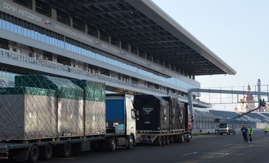 Unloading equipment at Sochi Autodrom race track