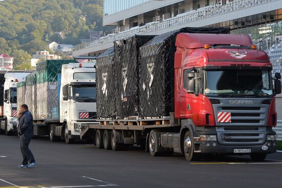 Unloading equipment at Sochi Autodrom race track