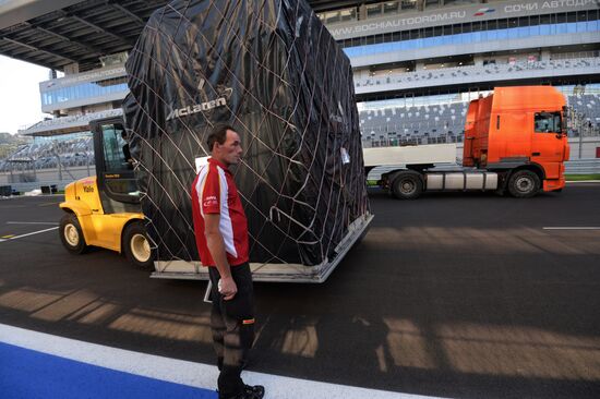 Unloading equipment at Sochi Autodrom race track