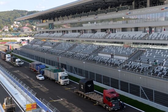 Unloading equipment at Sochi Autodrom race track