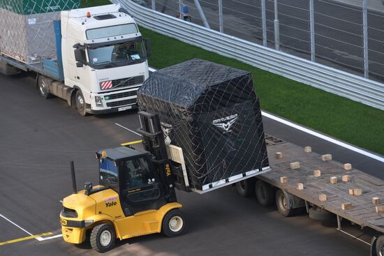 Unloading equipment at Sochi Autodrom race track