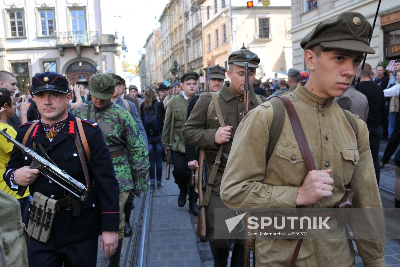 Ukrainian Insurgent Army supporters march in Lviv