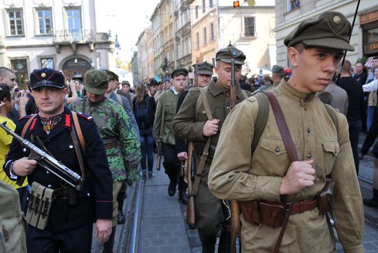 Ukrainian Insurgent Army supporters march in Lviv