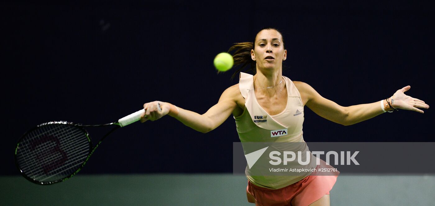Flavia Pennetta (Italy) in the women's doubles final match against Caroline Garcia (France) and Arantxa Parra Santonja (Spain) at the 2014 Kremlin Cup. Location: Russia, Moscow. Author: Vladimir Astapkovich/Sputnik. Tennis. 2014 Kremlin Cup. Day Six
