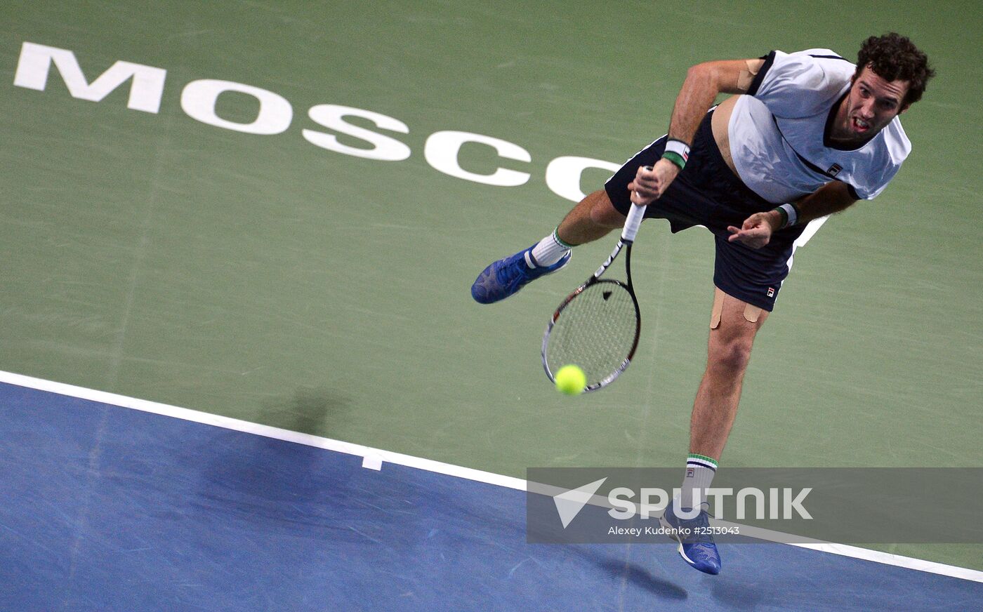 Mikhail Kukushkin of Kazakhstan plays in a Kremlin Cup men's singles semifinal against Marin Čilić of Croatia. Location: Russia, Moscow. Author: Alexey Kudenko/Sputnik. Tennis. 2014 Kremlin Cup. Day Six