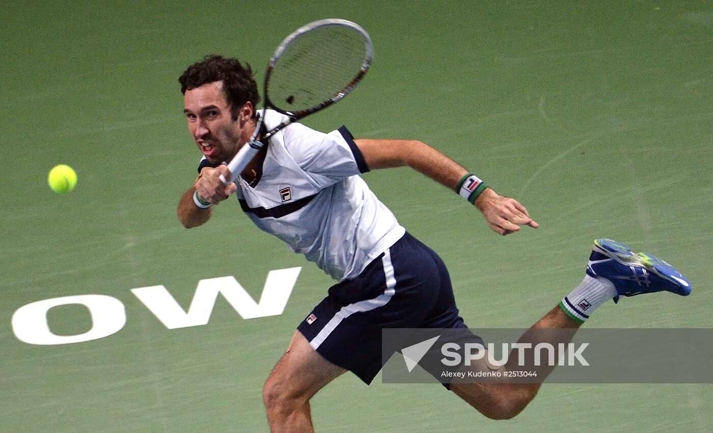 Mikhail Kukushkin of Kazakhstan plays in a Kremlin Cup men's singles semifinal against Marin Čilić of Croatia. Location: Russia, Moscow. Author: Alexey Kudenko/Sputnik. Tennis. 2014 Kremlin Cup. Day Six