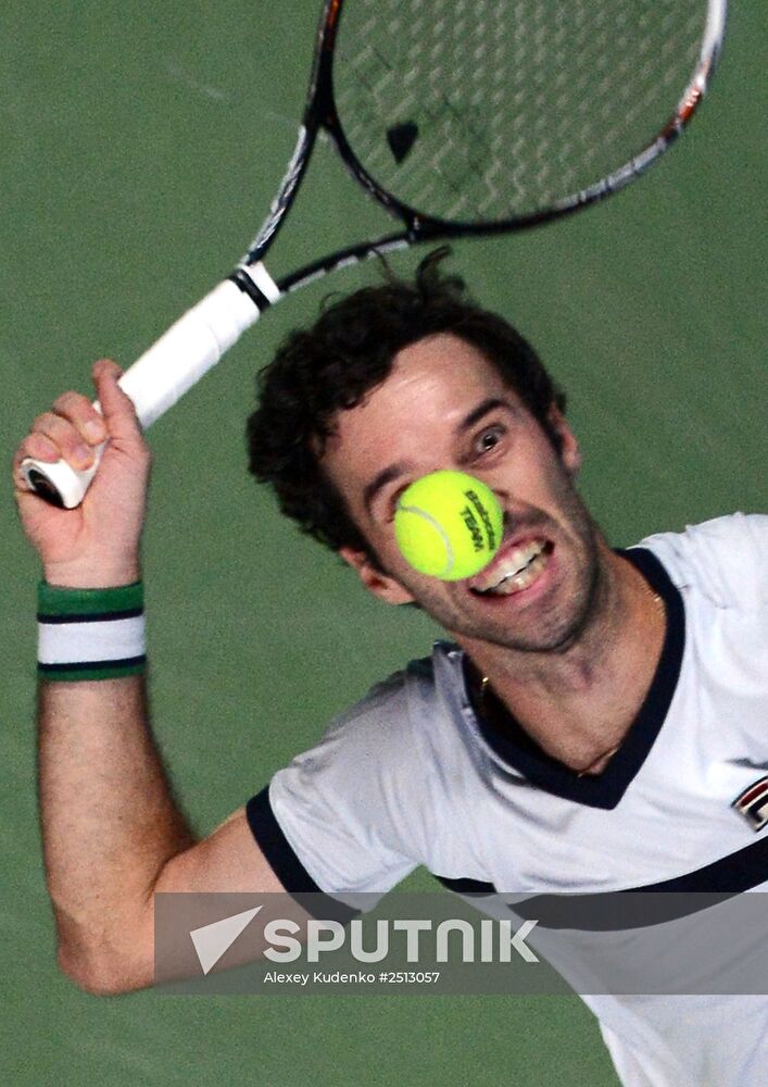 Mikhail Kukushkin of Kazakhstan plays in a Kremlin Cup men's singles semifinal against Marin Čilić of Croatia. Location: Russia, Moscow. Author: Alexey Kudenko/Sputnik. Tennis. 2014 Kremlin Cup. Day Six