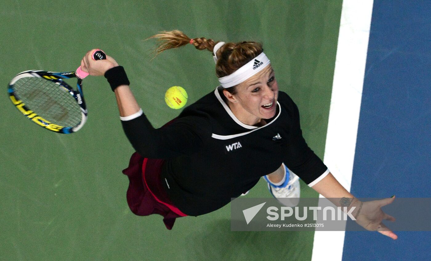 Anastasia Pavlyuchenkova of Russia plays against Katerina Siniakova of the Czech Republic in a women's singles semi final at the 2014 Kremlin Cup. Location: Russia, Moscow. Author: Alexey Kudenko/Sputnik. Tennis. 2014 Kremlin Cup. Day Six