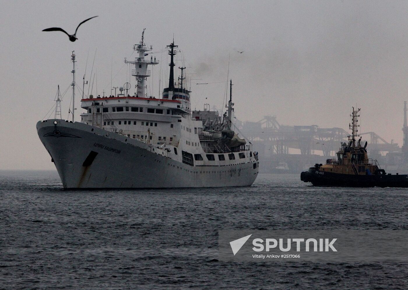The Admiral Vladimirsky research vessel moors in Vladivostok