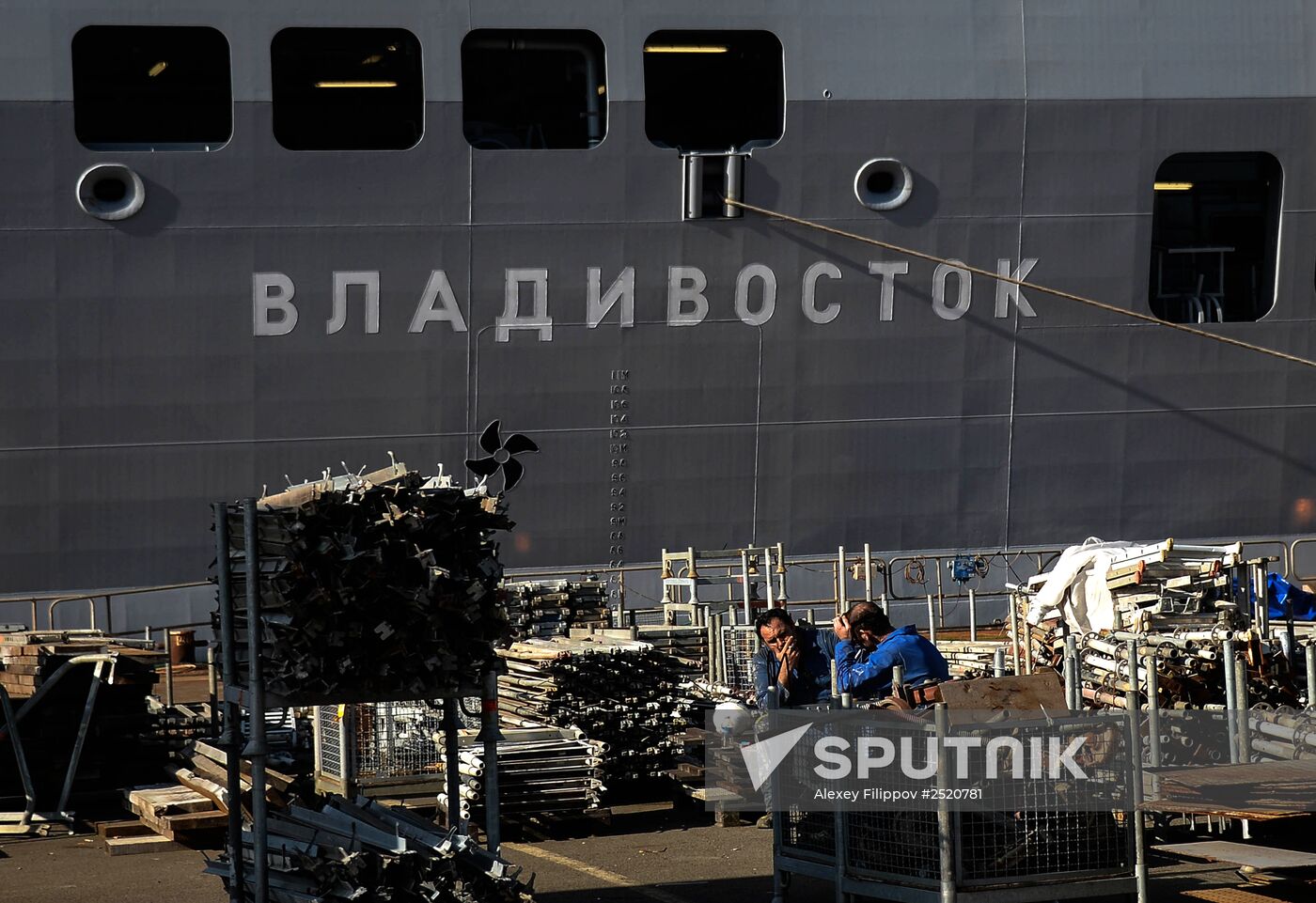 Vladivostok amphibious assault ship of the French Mistral class in the docks of SNX France