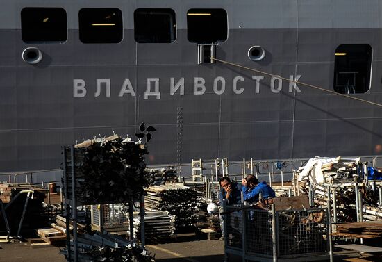 Vladivostok amphibious assault ship of the French Mistral class in the docks of SNX France