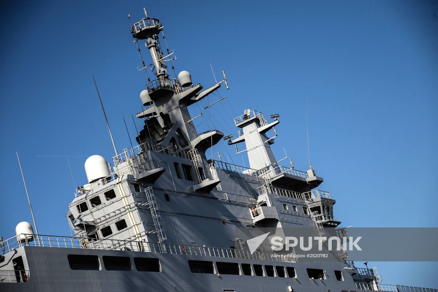 Vladivostok amphibious assault ship of the French Mistral class in the docks of SNX France