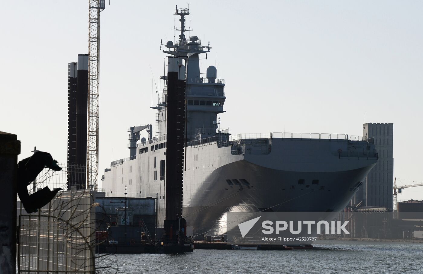 Vladivostok amphibious assault ship of the French Mistral class in the docks of SNX France
