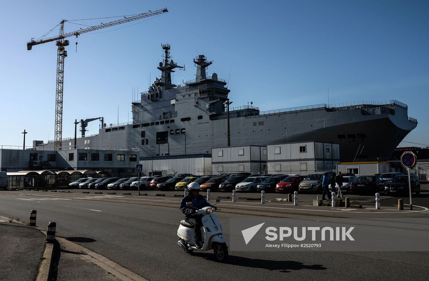 Vladivostok amphibious assault ship of the French Mistral class in the docks of SNX France