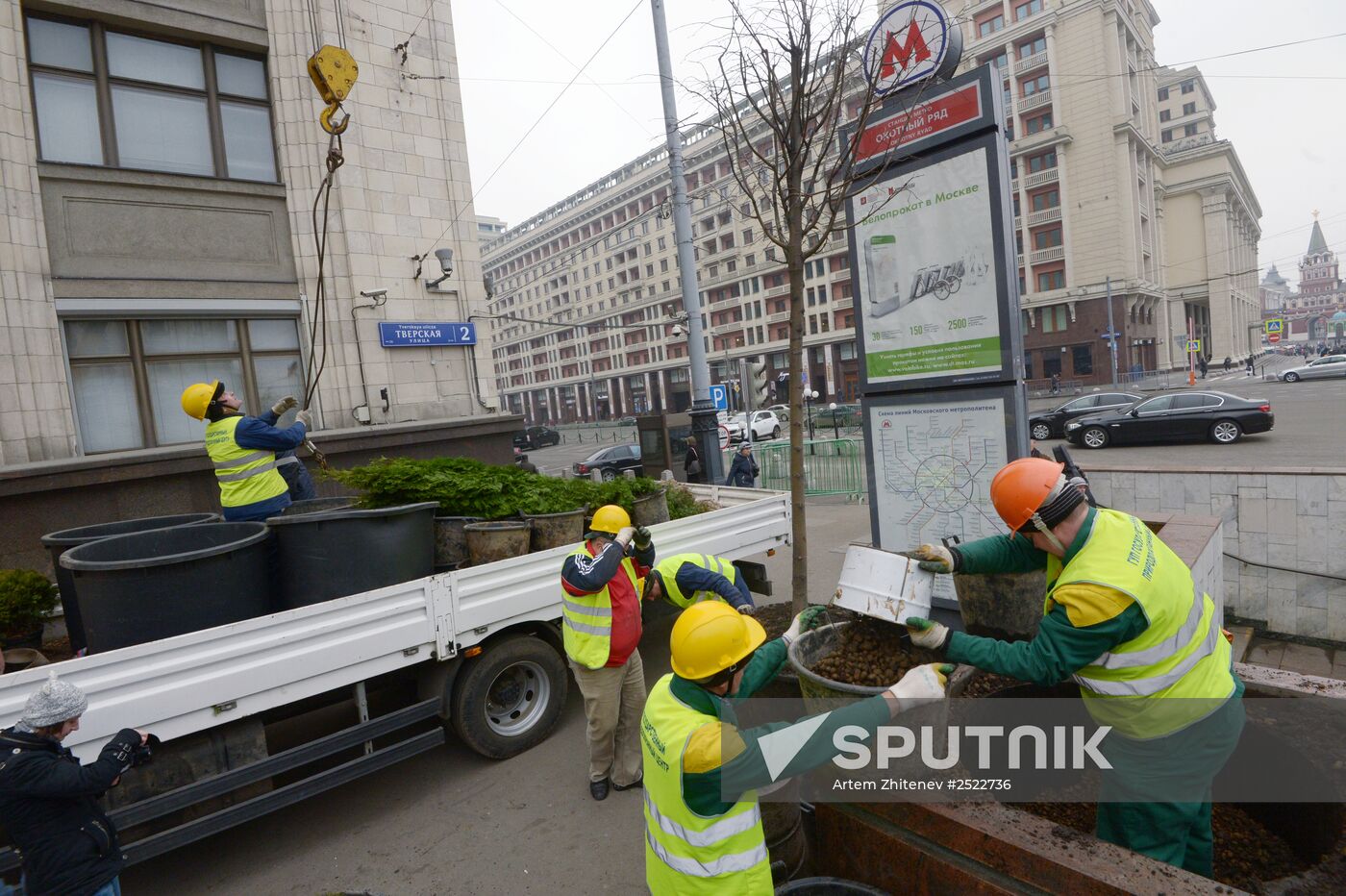 Seasonal replacement of trees in Moscow's Tverskaya Street