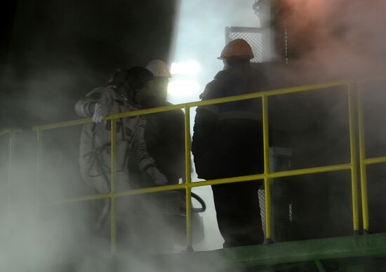 Preparations for launch of Soyuz-FG rocket with Soyuz TMA-15M spacecraft