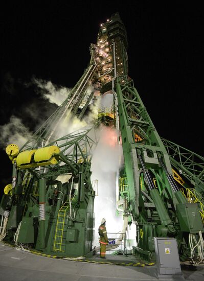 Preparations for launch of Soyuz-FG rocket with Soyuz TMA-15M spacecraft