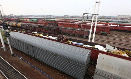 Freight train carrying wreckage pieces of Malaysia Airlines Boeing in Kharkiv region