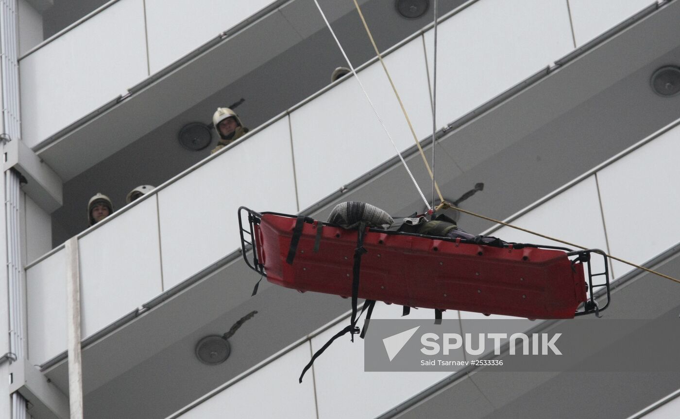 Firefighting exercise at the Grozny City high-rise development