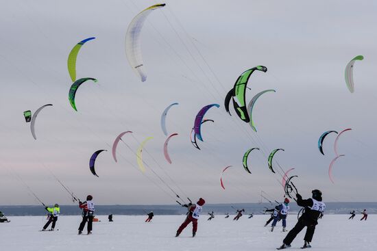 Siberian Winter Snow-Kiting Cup on the ice-covered reservoir of the Novosibirsk hydropower station