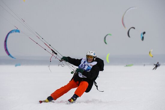 Siberian Winter Snow-Kiting Cup on the ice-covered reservoir of the Novosibirsk hydropower station