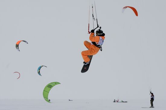 Siberian Winter Snow-Kiting Cup on the ice-covered reservoir of the Novosibirsk hydropower station