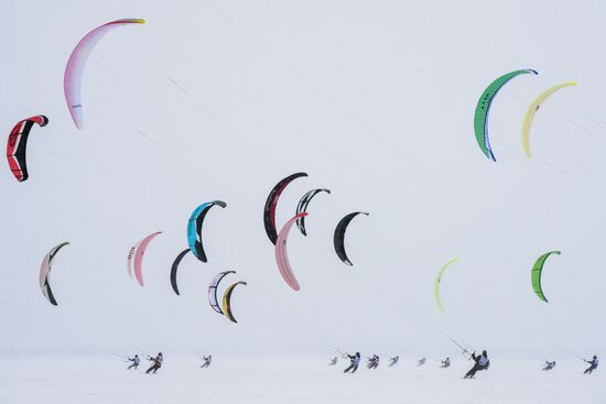 Siberian Winter Snow-Kiting Cup on the ice-covered reservoir of the Novosibirsk hydropower station