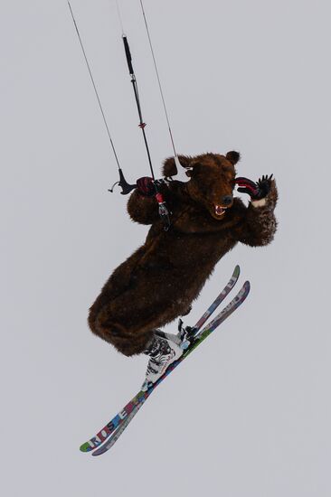 Siberian Winter Snow-Kiting Cup on ice-covered reservoir of Novosibirsk hydropower station