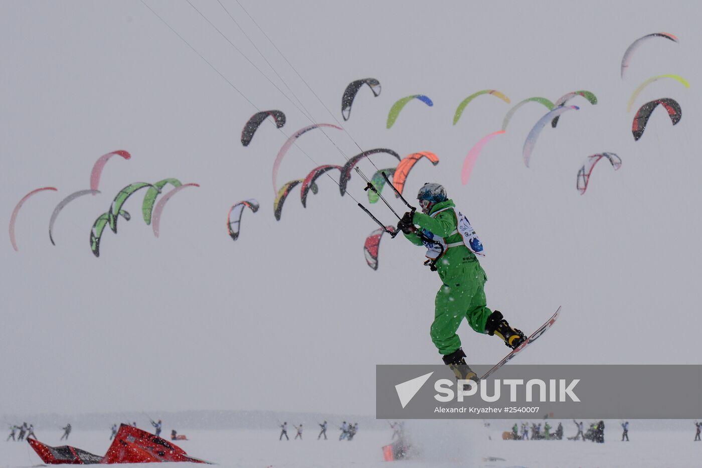 Siberian Winter Snow-Kiting Cup on the ice-covered reservoir of the Novosibirsk hydropower station