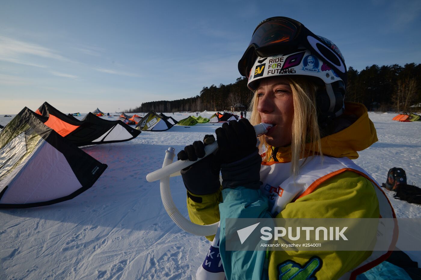 Siberian Winter Snow-Kiting Cup on ice-covered reservoir of the Novosibirsk hydropower station