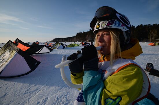 Siberian Winter Snow-Kiting Cup on ice-covered reservoir of the Novosibirsk hydropower station