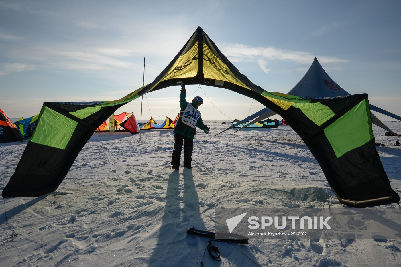 Siberian Winter Snow-Kiting Cup on ice-covered reservoir of Novosibirsk hydropower station