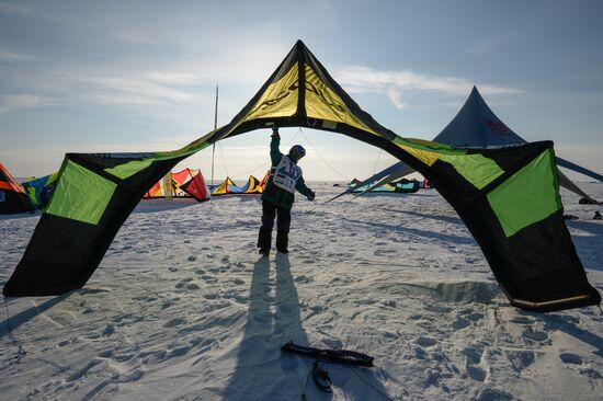 Siberian Winter Snow-Kiting Cup on ice-covered reservoir of Novosibirsk hydropower station