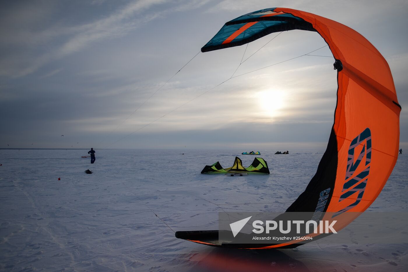 Siberian Winter Snow-Kiting Cup on ice-covered reservoir of Novosibirsk hydropower station