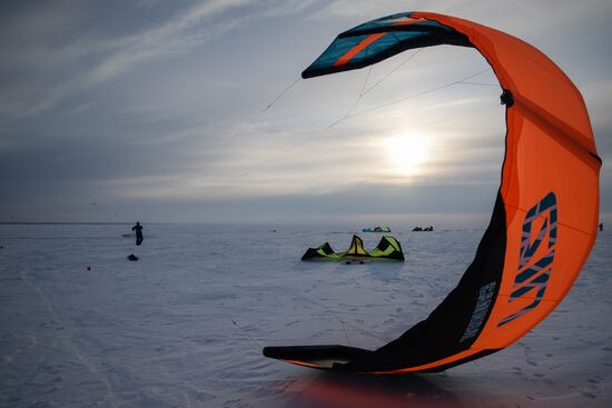 Siberian Winter Snow-Kiting Cup on ice-covered reservoir of Novosibirsk hydropower station