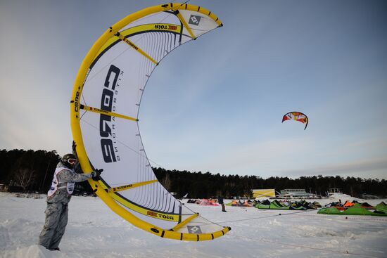 Siberian Winter Snow-Kiting Cup on the ice-covered reservoir of the Novosibirsk hydropower station