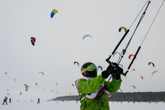 Siberian Winter Snow-Kiting Cup on the ice-covered reservoir of the Novosibirsk hydropower station