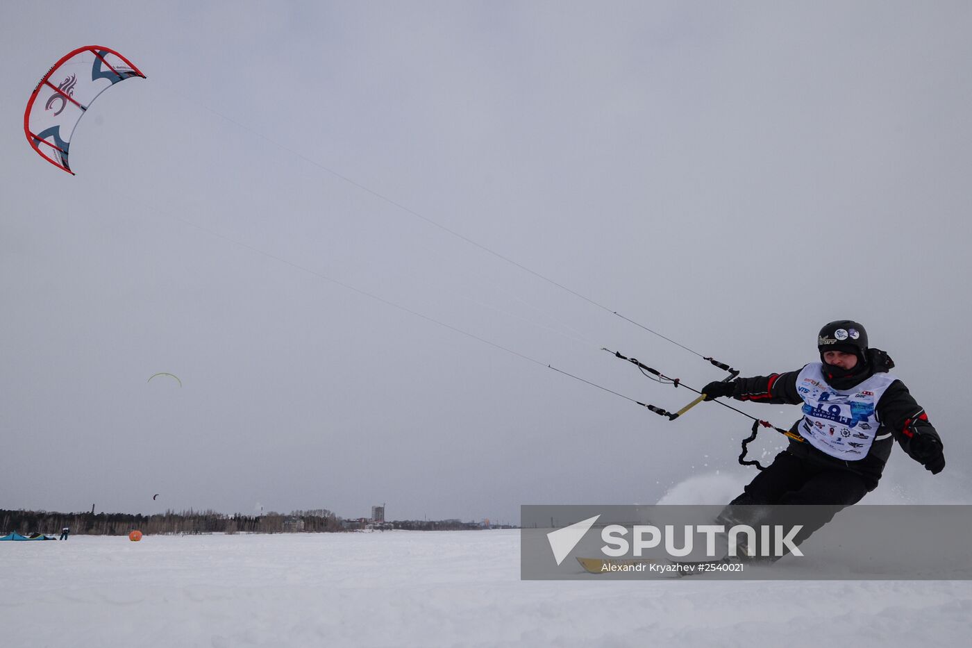 Siberian Winter Snow-Kiting Cup on ice-covered reservoir of Novosibirsk hydropower station