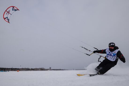 Siberian Winter Snow-Kiting Cup on ice-covered reservoir of Novosibirsk hydropower station