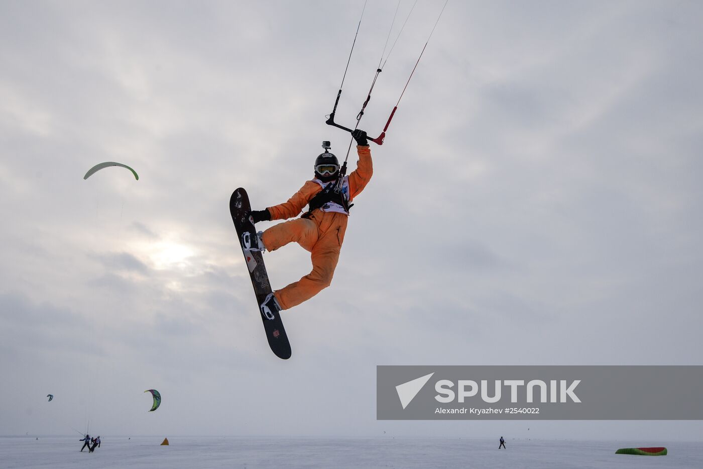 Siberian Winter Snow-Kiting Cup on ice-covered reservoir of Novosibirsk hydropower station